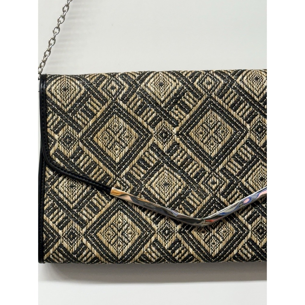 Poppie Jones Woven Rattan Black /Tan/ Purse Bag Clutch Silver Chain Snap Closure - Picture 3 of 12